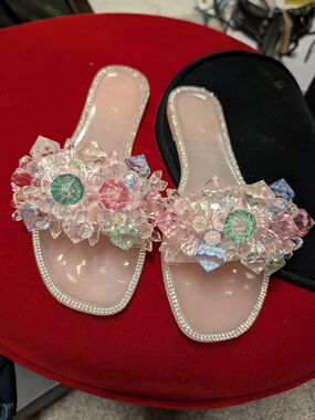 BAMBOO Multi-Color Crystal Jelly Slide Sandals in Blush Pink. 8